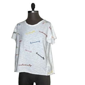 Anthropologie Pilcro Pride Inclusivity Embroidered Rainbow Script Tee Shirt XS